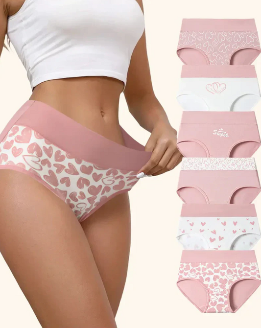 Women's Heart-Print High-Waisted Briefs – 6 Pack