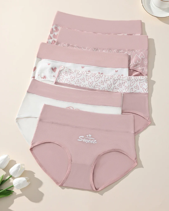Women's Heart-Print High-Waisted Briefs – 6 Pack