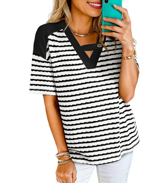 Womne's Striped Cut-Out V-Neck Top