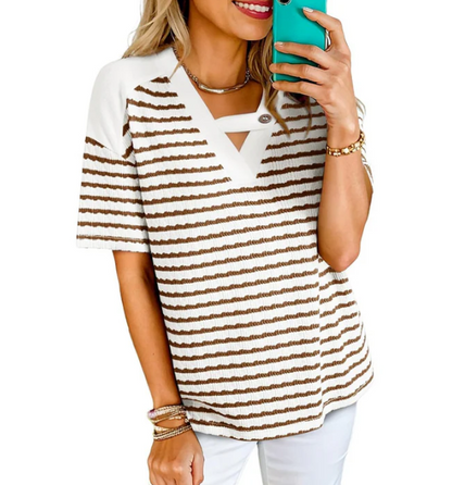 Womne's Striped Cut-Out V-Neck Top