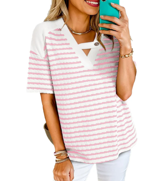 Womne's Striped Cut-Out V-Neck Top