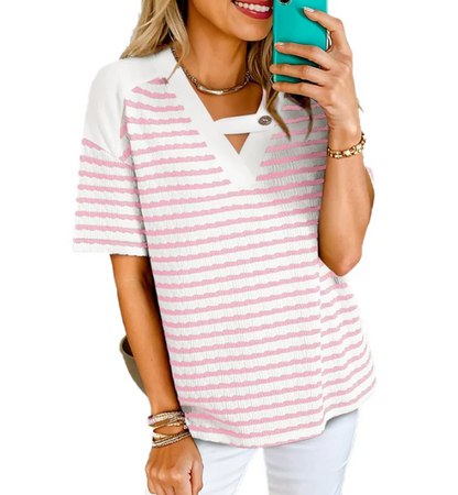Womne's Striped Cut-Out V-Neck Top