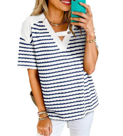 Womne's Striped Cut-Out V-Neck Top