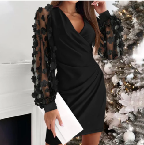 Women's Mesh-Sleeve Wrap Mini Dress