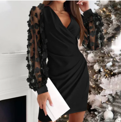 Women's Mesh-Sleeve Wrap Mini Dress