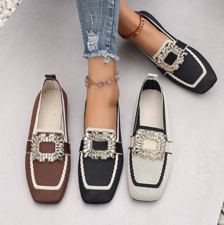 Women's Square-Toe Crystal Buckle Flats