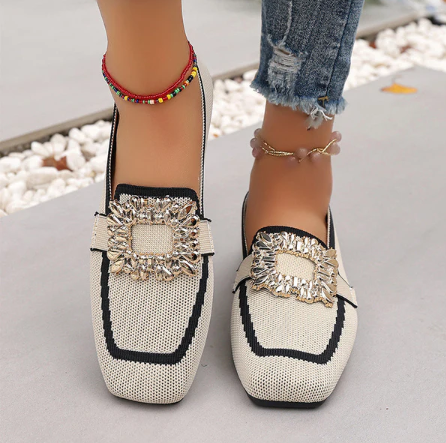 Women's Square-Toe Crystal Buckle Flats