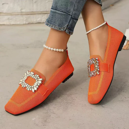 Women's Square-Toe Crystal Buckle Flats