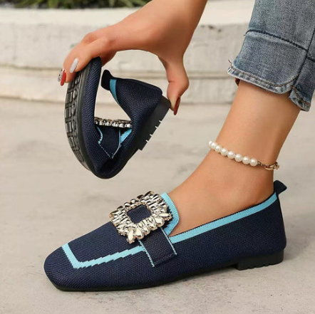 Women's Square-Toe Crystal Buckle Flats