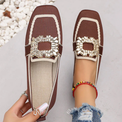Women's Square-Toe Crystal Buckle Flats