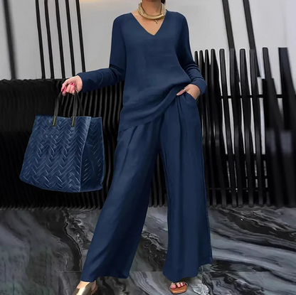 V-Neck Top and Wide-Leg Trouser Set