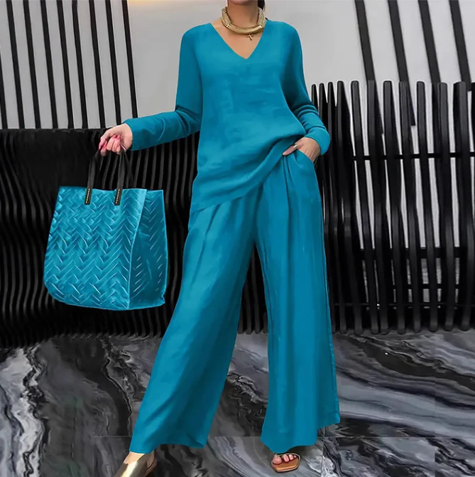 V-Neck Top and Wide-Leg Trouser Set