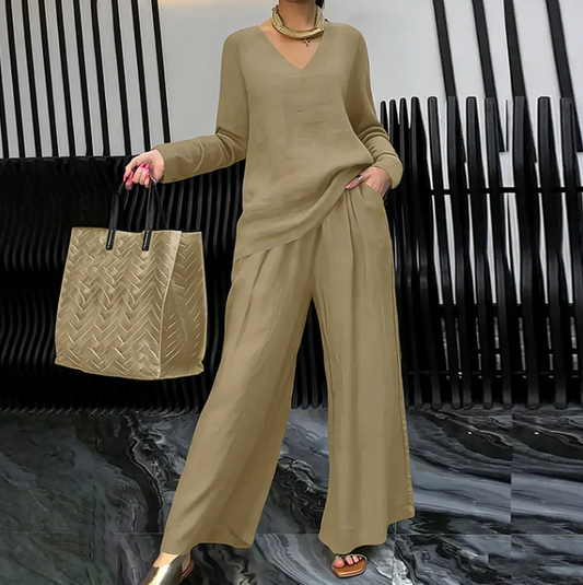 V-Neck Top and Wide-Leg Trouser Set