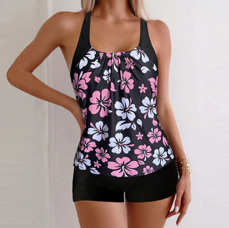 Women's Printed Tankini Top and Swim Shorts Set
