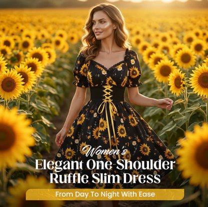 Women's Sunflower Print Puff-Sleeve Dress