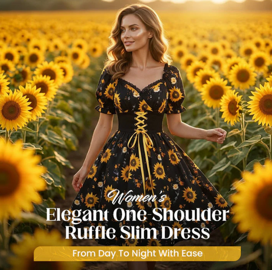 Women's Sunflower Print Puff-Sleeve Dress
