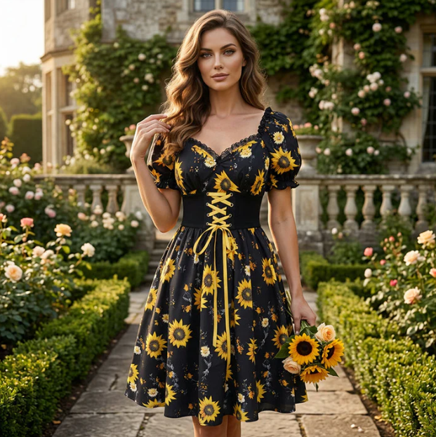 Women's Sunflower Print Puff-Sleeve Dress