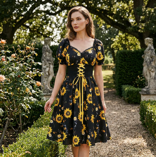 Women's Sunflower Print Puff-Sleeve Dress