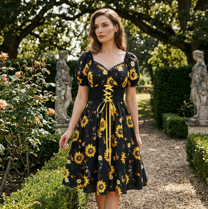 Women's Sunflower Print Puff-Sleeve Dress