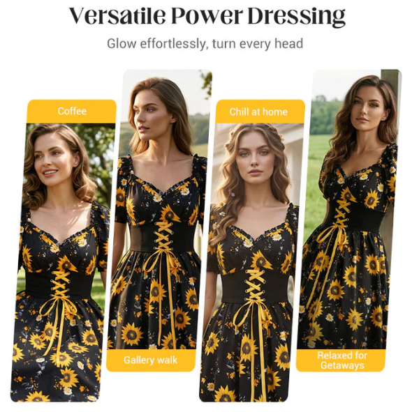 Women's Sunflower Print Puff-Sleeve Dress