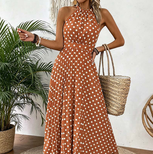 Women's Polka Dot Halter Pleated Dress