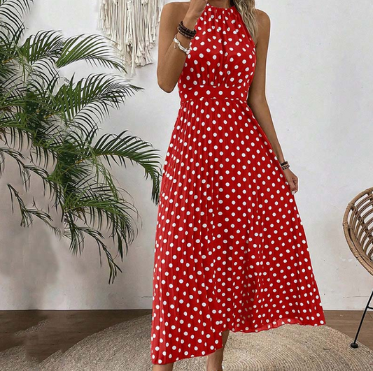 Women's Polka Dot Halter Pleated Dress