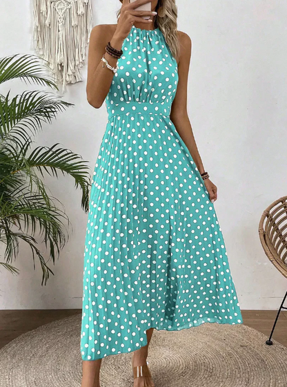 Women's Polka Dot Halter Pleated Dress
