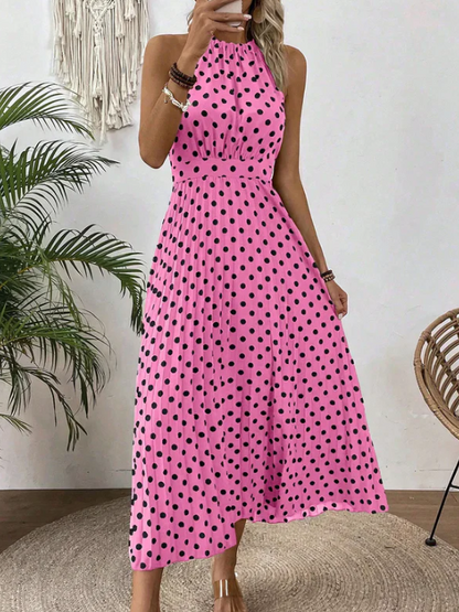 Women's Polka Dot Halter Pleated Dress
