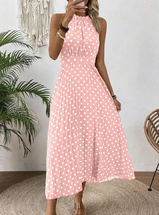Women's Polka Dot Halter Pleated Dress