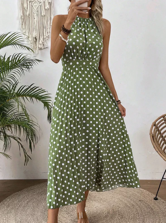 Women's Polka Dot Halter Pleated Dress