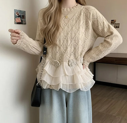 Women’s Ruffle Trim Knit Sweater with Chiffon Layers