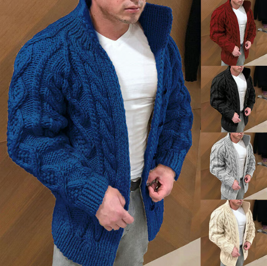 Men’s Chunky Cable-Knit Stand Collar Cardigan