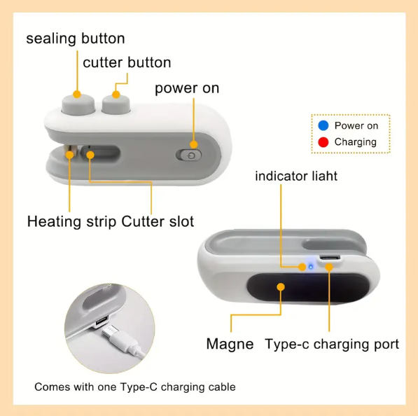 Rechargeable Mini Heat Bag Sealer with Cutter and Magnet