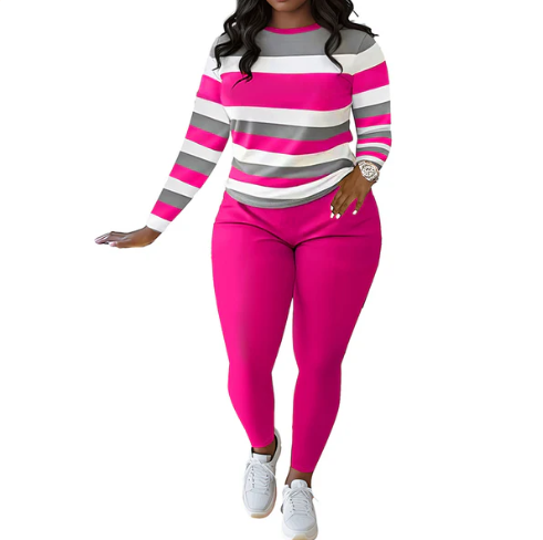 Women’s Striped Long Sleeve Top and High-Waist Trousers Set