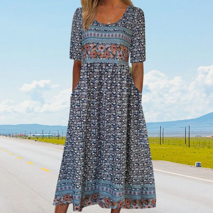 Women’s Boho Print Round Neck Midi Dress