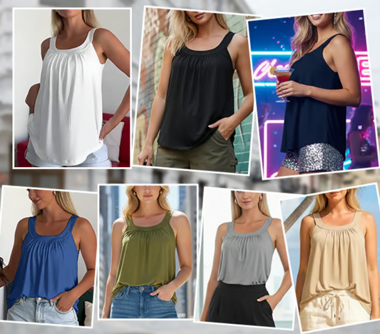Women’s Built-In Padded Tank Top with Pleated Front and Wide Straps