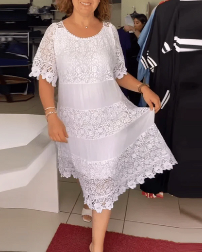 Women’s Solid Colour Lace Patchwork Midi Shift Dress