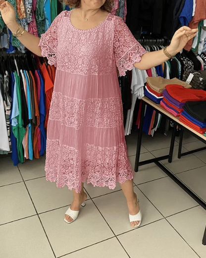 Women’s Solid Colour Lace Patchwork Midi Shift Dress