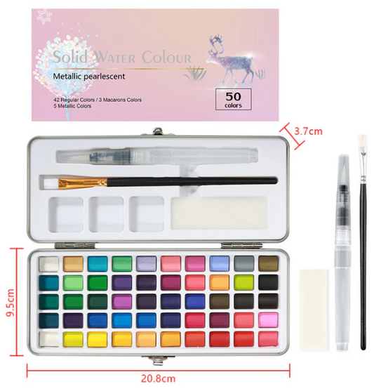 Portable Watercolour Paint Set with 50 Pans and Travel Brush Kit