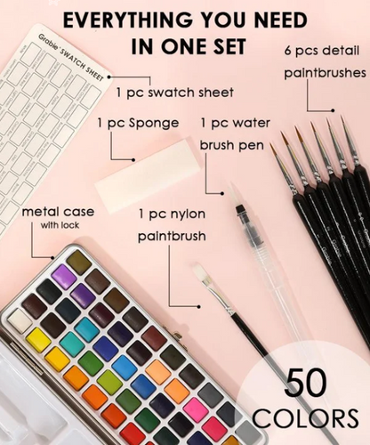 Portable Watercolour Paint Set with 50 Pans and Travel Brush Kit