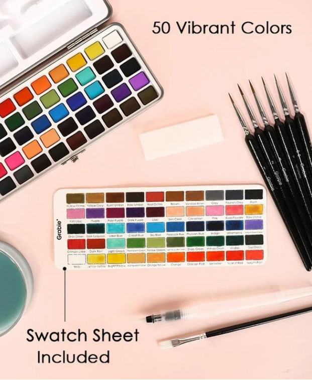 Portable Watercolour Paint Set with 50 Pans and Travel Brush Kit