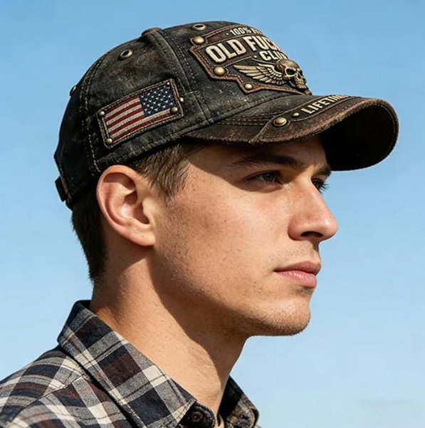 Distressed Denim Embroidered Badge Cap