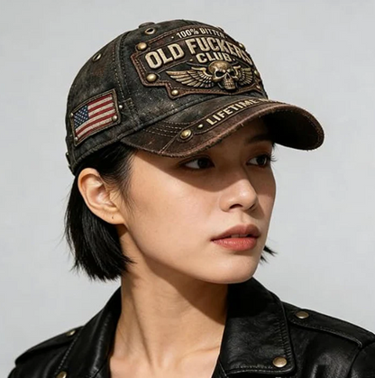 Distressed Denim Embroidered Badge Cap