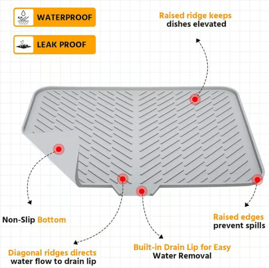 Large Silicone Dish Drying Mat with Drain Lip