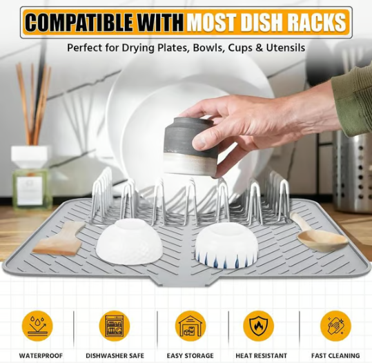 Large Silicone Dish Drying Mat with Drain Lip