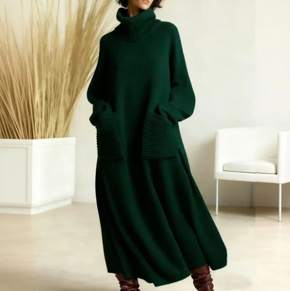 Women’s Ankle Length Turtleneck Knit Jumper Dress with Pockets