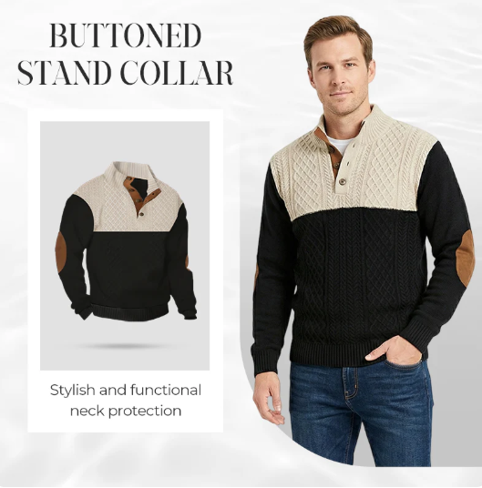 Men’s Button-Neck Colourblock Cable-Knit Sweater