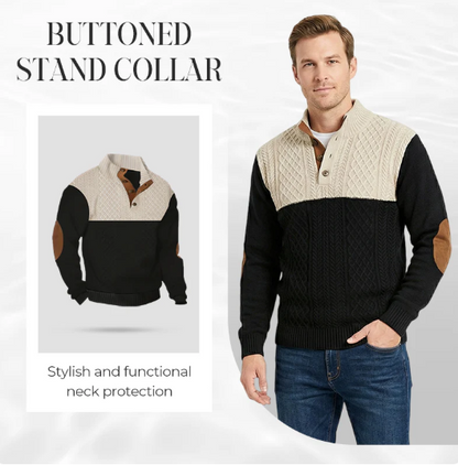 Men’s Button-Neck Colourblock Cable-Knit Sweater