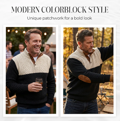 Men’s Button-Neck Colourblock Cable-Knit Sweater