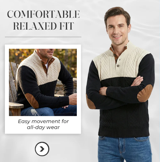 Men’s Button-Neck Colourblock Cable-Knit Sweater